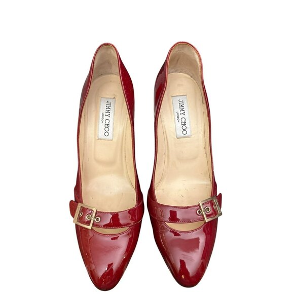 Jimmy Choo Women's Pavia Burgundy Patent Leather Heels Size 38.5 Quiet Luxury - Picture 1 of 11